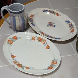 Set 1800s Antique & Vtg Oval Platters KT&K / Tea Company Added Stoneware Mug
